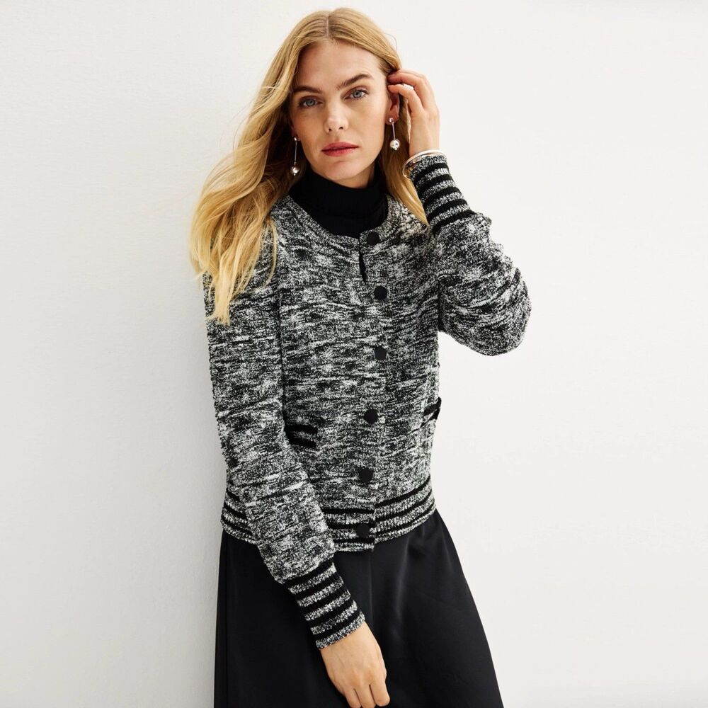 Nine West Cardigan Sweater Size L Women's Gray Black Knit Buttons Pockets New